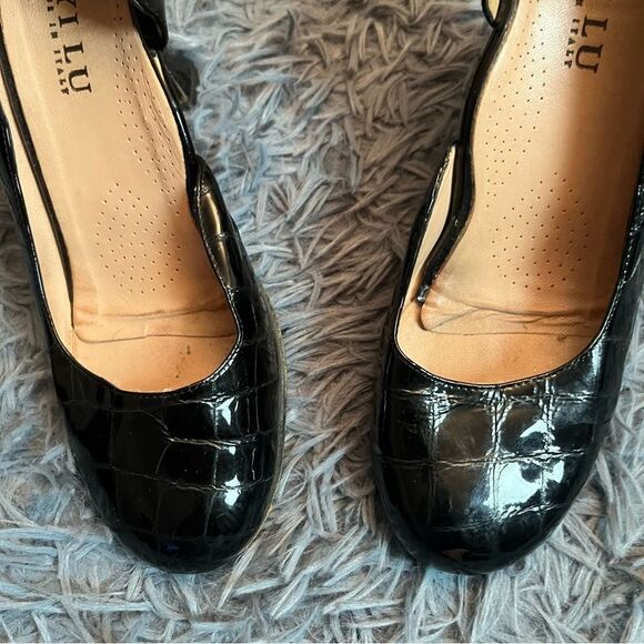 Anyi Lu Black Leather Croc Embossed D'orsay Pump Heels Size 8.5 / EU 39 - Picture 2 of 6